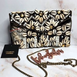 CLEMENTS RIBEIRO crossbody CLUTCH  SHELLS CONCH SEQUINS WHITE BLACK HAND…
